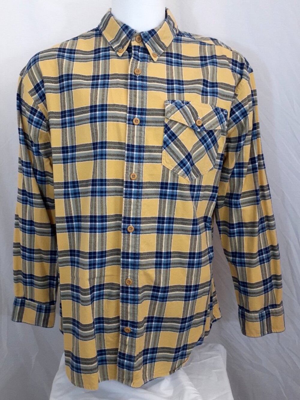 Duluth Trading Flannel Shirt Mens XL Yellow Blue Plaid Long Sleeve Button